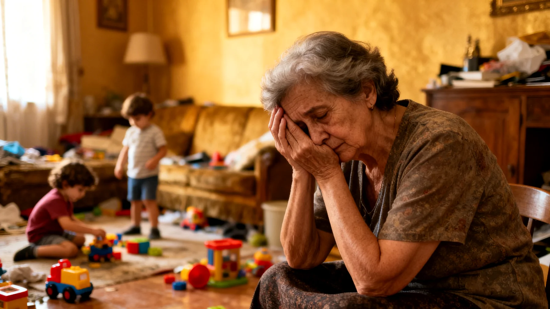 La abuela siente frustración y agotamiento porque sus nietos pequeños no colaboran en las actividades cotidianas del hogar, como recoger sus juguetes, poner la mesa o mantener el orden en sus espacios. A pesar de sus repetidas peticiones, los niños ignoran sus indicaciones o responden con indiferencia, lo que genera en ella una sensación de falta de autoridad y un vínculo de cuidado que se vuelve unilateral y desgastante."