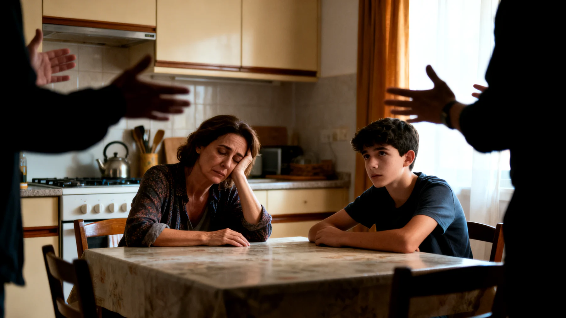 Una madre se encuentra atrapada entre su deseo de mantener una relación cercana y armoniosa con su hijo adolescente y las constantes interferencias de la familia extensa (abuelos, tíos, cuñados), quienes contradicen sus decisiones educativas, ofrecen opiniones no solicitadas sobre la crianza y generan confusión en el adolescente sobre a quién obedecer y respetar, debilitando la autoridad materna y creando tensión en el núcleo familiar."